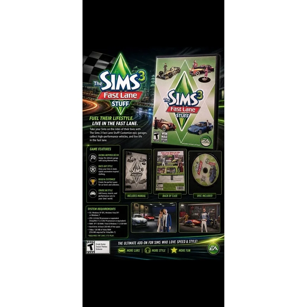The Sims 3 Fast Lane Stuff PC Mac DVD Complete EA Racing Edition Y2K Gamers New